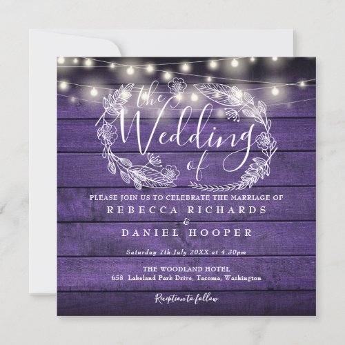 Purple Rustic Wood String Lights Photo Wedding Invitation