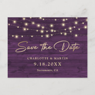 Purple Rustic Wood String Lights Save The Date Announcement Postcard