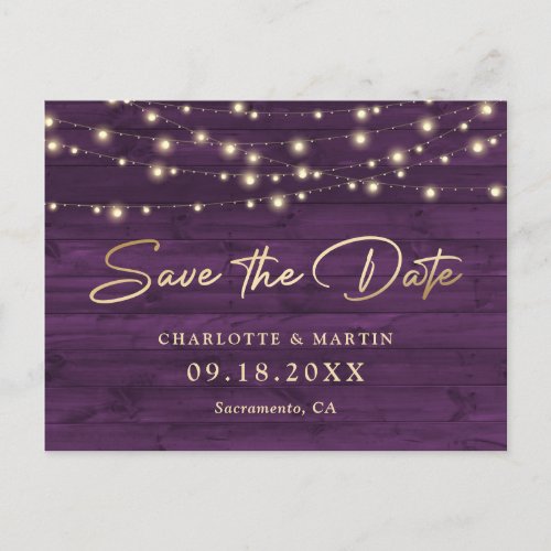 Purple Rustic Wood String Lights Save The Date Announcement Postcard