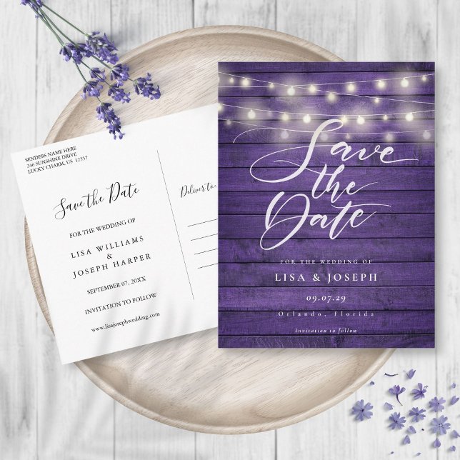 Purple Rustic Wood String Lights Save the Date Postcard (Purple Rustic Wood String Lights Save the Date Postcard)