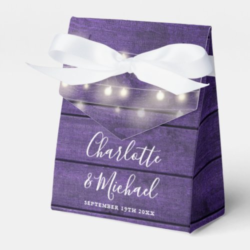 Purple Rustic Wood String Lights Script Wedding Favor Boxes