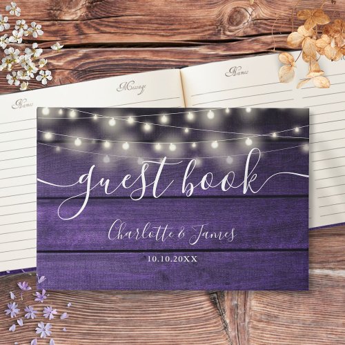 Purple Rustic Wood String Lights Script Wedding Guest Book