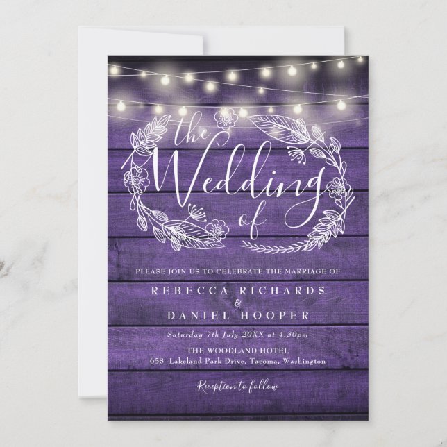 Purple Rustic Wood String Lights Script Wedding Invitation (Front)