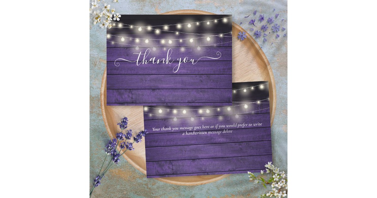 Purple Rustic Wood String Lights Script Wedding Thank You Card | Zazzle
