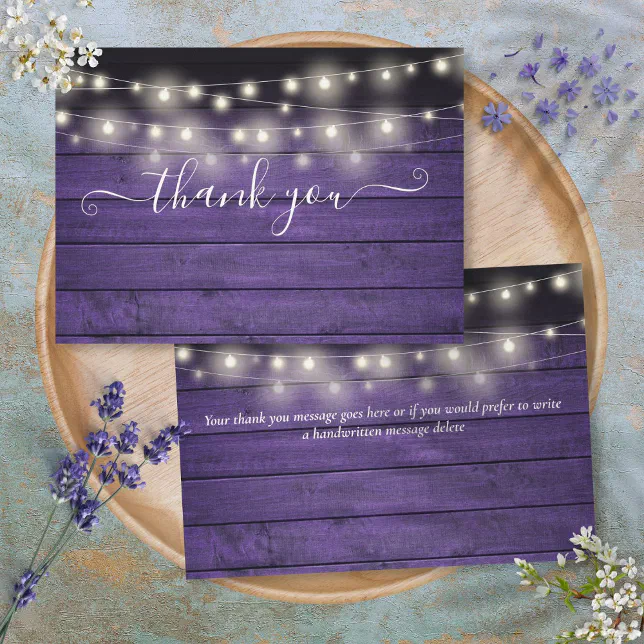 Purple Rustic Wood String Lights Script Wedding Thank You Card | Zazzle