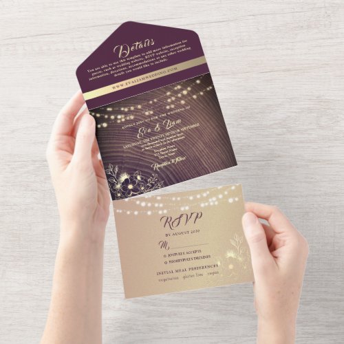 Purple Rustic Wood String Lights Wedding All In One Invitation