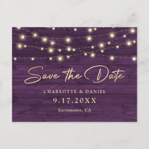 Purple Rustic Wood String Lights Wedding Announcement Postcard