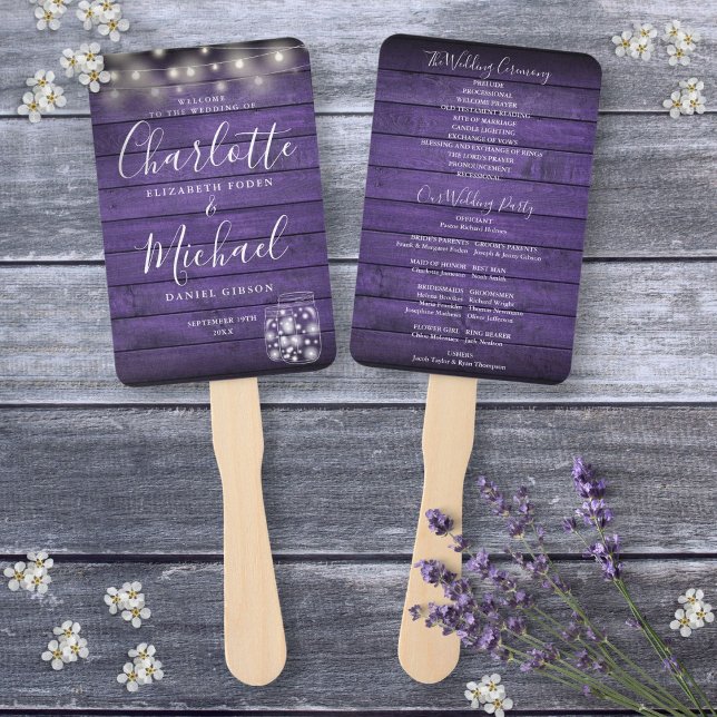 Purple Rustic Wood String Lights Wedding Program Hand Fan (Purple Rustic Wood String Lights Wedding Program Hand Fan)