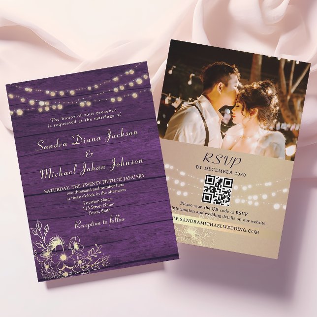 Purple Rustic Wood String Lights Wedding QR Code Invitation (Creator Uploaded)