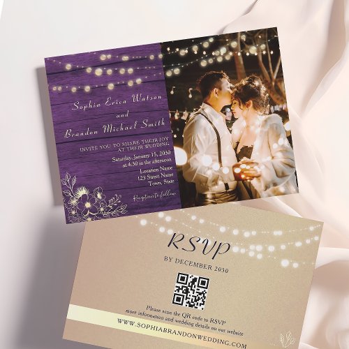 Purple Rustic Wood String Lights Wedding QR Code Invitation