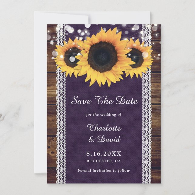 Purple Rustic Wood Sunflower Wedding Save The Date (Front)