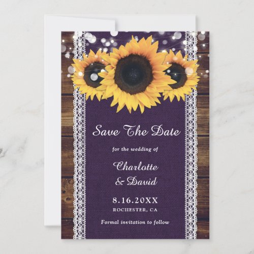 Purple Rustic Wood Sunflower Wedding Save The Date