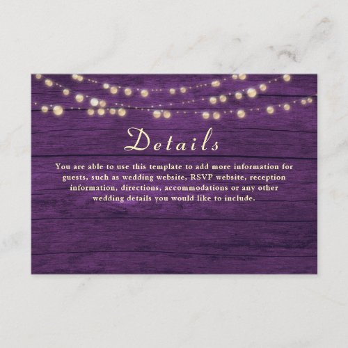 Purple Rustic Wood Wedding Details Enclosure Card