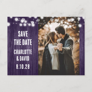 Purple Rustic Wood Wedding Photo Save The Date Announcement Postcard