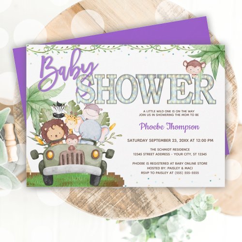 Purple Safari Animals Baby Shower Invitation