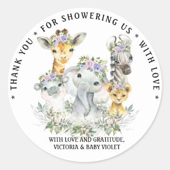 Purple Safari Baby Shower Classic Round Sticker by The_Baby_Boutique at Zazzle