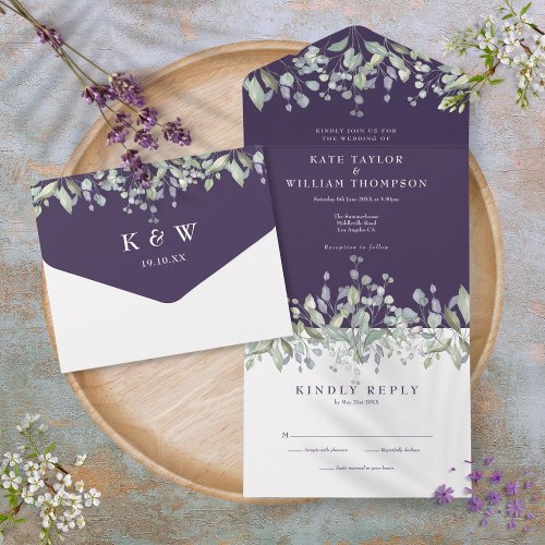 Purple Sage And Lilac Floral Monogram Wedding All In One Invitation