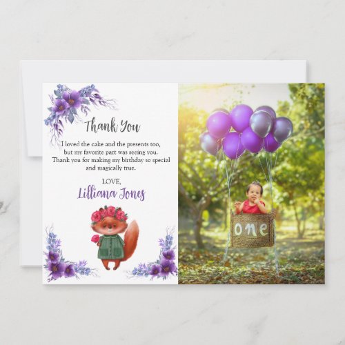 Purple Sage Green Floral Woodland Fox Birthday  Th Thank You Card