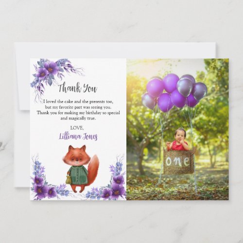 Purple Sage Green Floral Woodland Fox Birthday Thank You Card