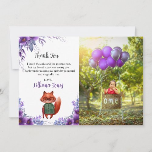 Purple Sage Green Floral Woodland Fox Birthday  Thank You Card