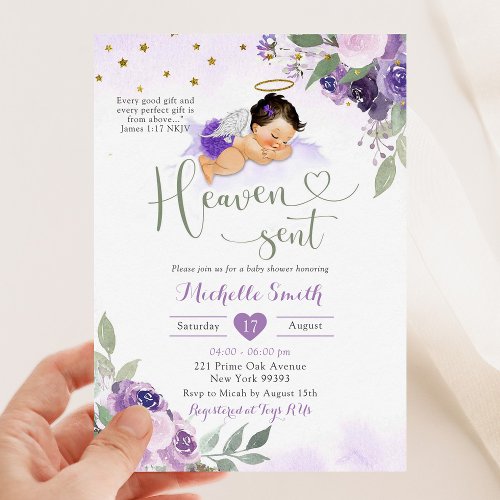 Purple Sage Green Heaven Sent Baby Shower Invitation