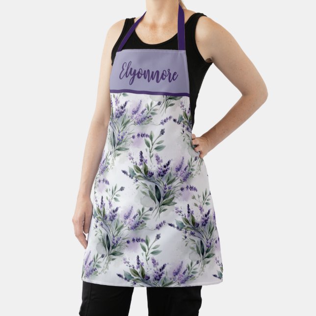 Purple Sage Green Lavender Custom Name Apron (Insitu)