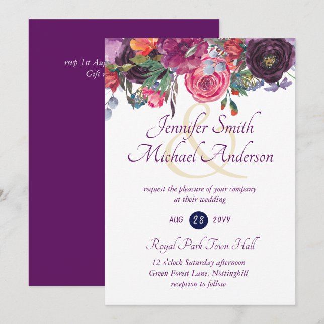 Purple Sage Orange Pink Floral Wedding Invitations (Front/Back)