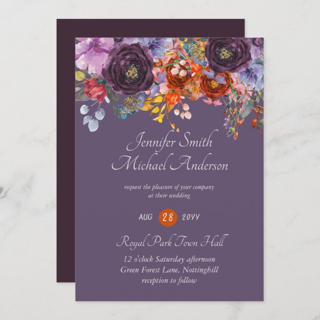 Purple Sage Orange Pink Floral Wedding Invitations (Front/Back)