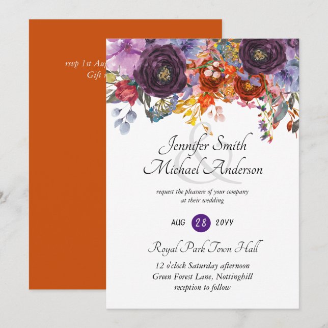 Purple Sage Orange Pink Floral Wedding Invitations (Front/Back)