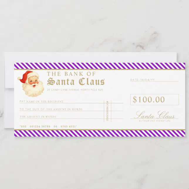 Purple Santa Cheque Gift Voucher Card | Zazzle