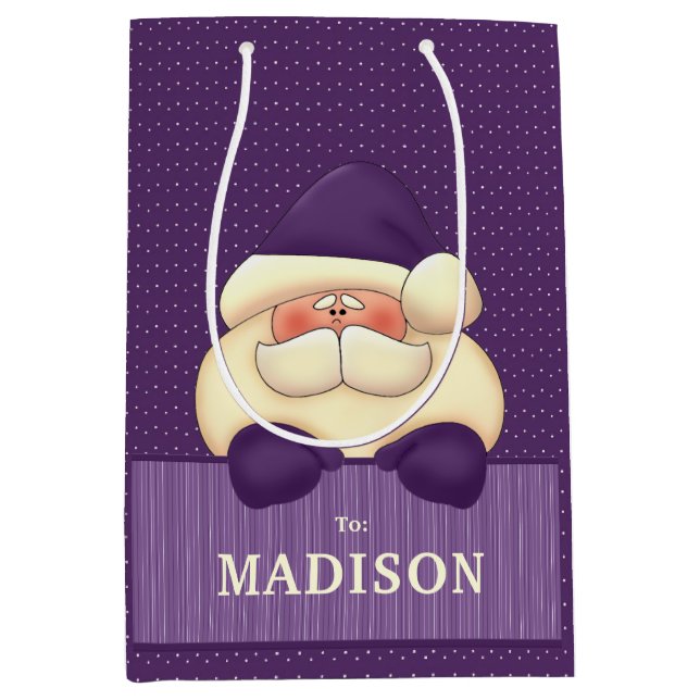 Purple Santa Polka Dots and Stripes Christmas Medium Gift Bag (Front)