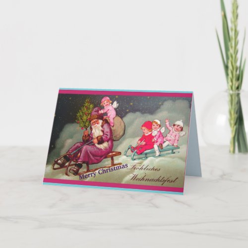 Purple Santa Vintage European Image Angels Sleds Card