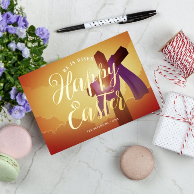 Purple Sash on Cross With Gold Fonts Foil Holiday Card (Creator Uploaded)