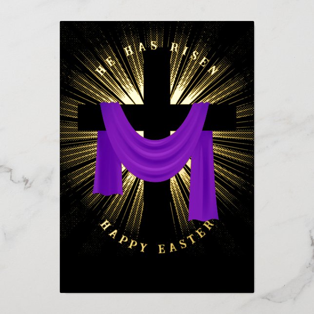 Purple Sash on Cross With Golden Burst Light Foil Holiday Card (Front)