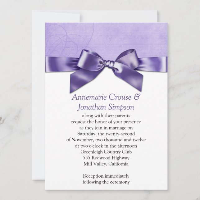 Purple Satin Ribbon Wedding Invitation (Front)
