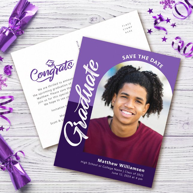 Purple Save Date Graduation Photo Bold Arch Script Invitation Postcard (Creator Uploaded)