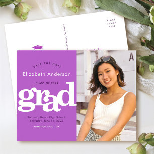 Purple save date graduation photo bold typography invitation postcard