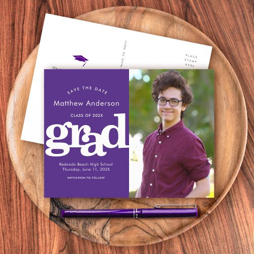 Purple save date graduation photo bold typography invitation postcard