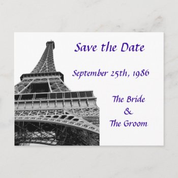 Purple Save The Date Eiffel Tower Announcement Postcard by ChristyWyoming at Zazzle