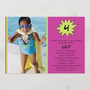 Purple Save the Day Superhero Photo Birthday Party Invitation
