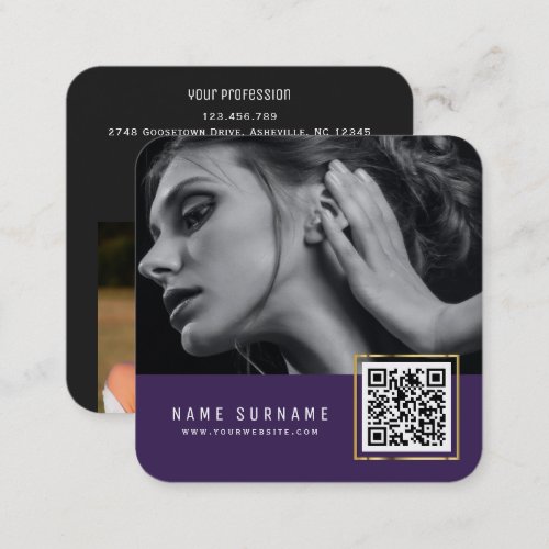 Purple scannable barcode QR code photo  Square Business Card