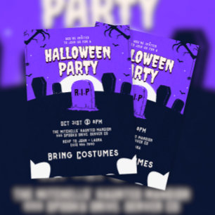 Purple Scary Tombstone Halloween Party Invitation