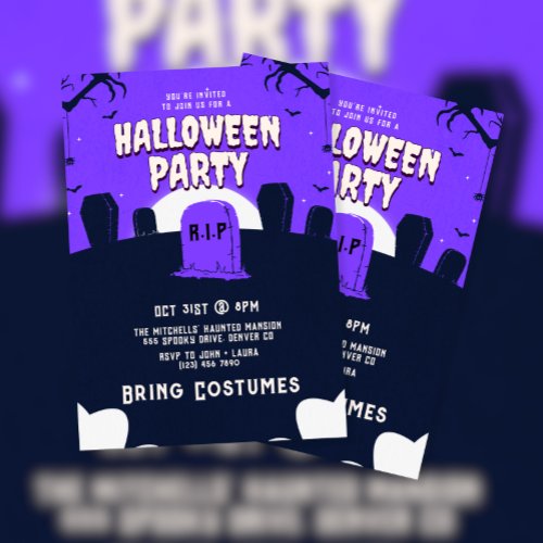 Purple Scary Tombstone Halloween Party Invitation