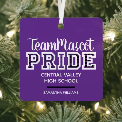 Purple School Pride Mascot Name Metal Ornament