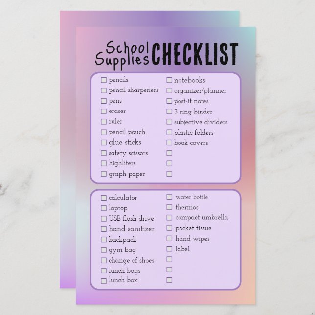 purple school supplies checklist  (Front/Back)