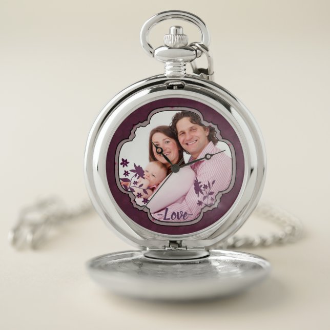 Purple Scrapbook Decorative Custom Photo Pocket Watch (Inside)
