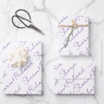 Purple script calligraphy names wedding wrapping paper sheets<br><div class="desc">Make your wedding day even more special with this personalizable purple cript calligraphy names wedding Wrapping Paper Sheets. You can customize it by entering your names and adjusting the text size to fit the space available, so that your names can look their best. This is a great way to make...</div>