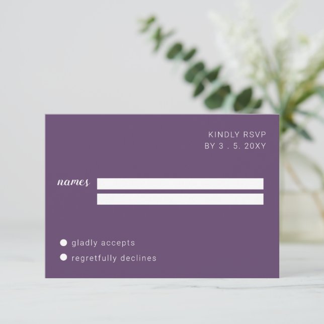 Purple Script Calligraphy Wedding RSVP  Card (Standing Front)
