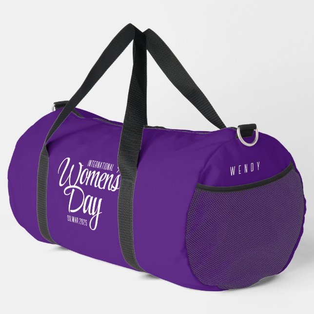 Purple Script International Women's Day March 8 Duffle Bag (Right Corner)