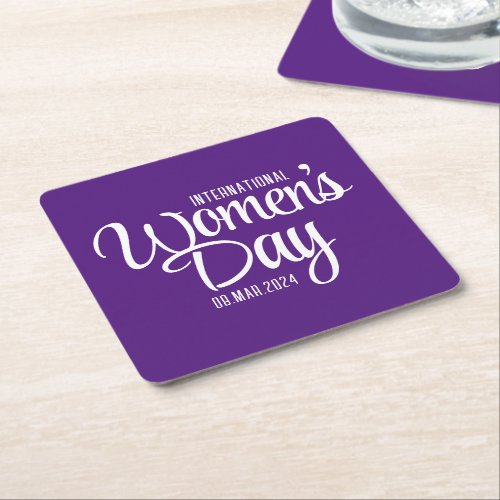 Purple Script International Womens Day March 8 Square Paper Coaster